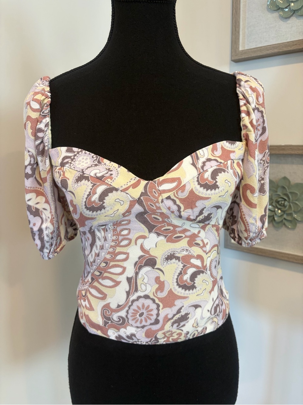 Aritzia Wilfred Novella Paisley Smocked Sweetheart Puff Sleeve Crop Top EUC